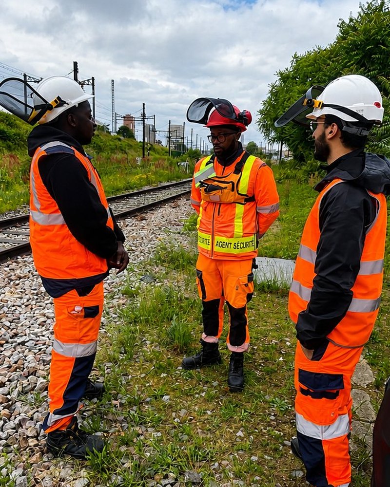 Agents de sécurité ferroviaire S2F en briefing au bord des voies