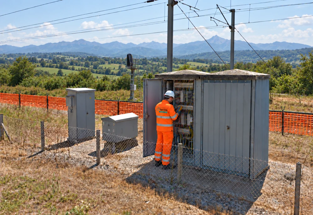 Illustration NA Rail Signalisation : technicien intervenant sur une armoire électrique ferroviaire — visuel retouché par IA