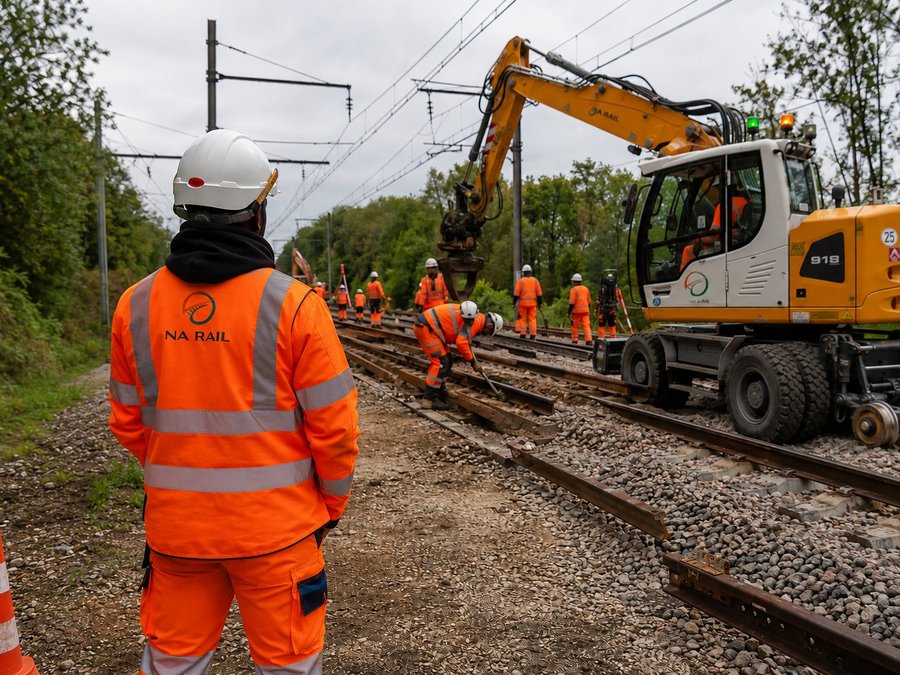 Chantier NA Rail — renouvellement de voie avec engin rail-route